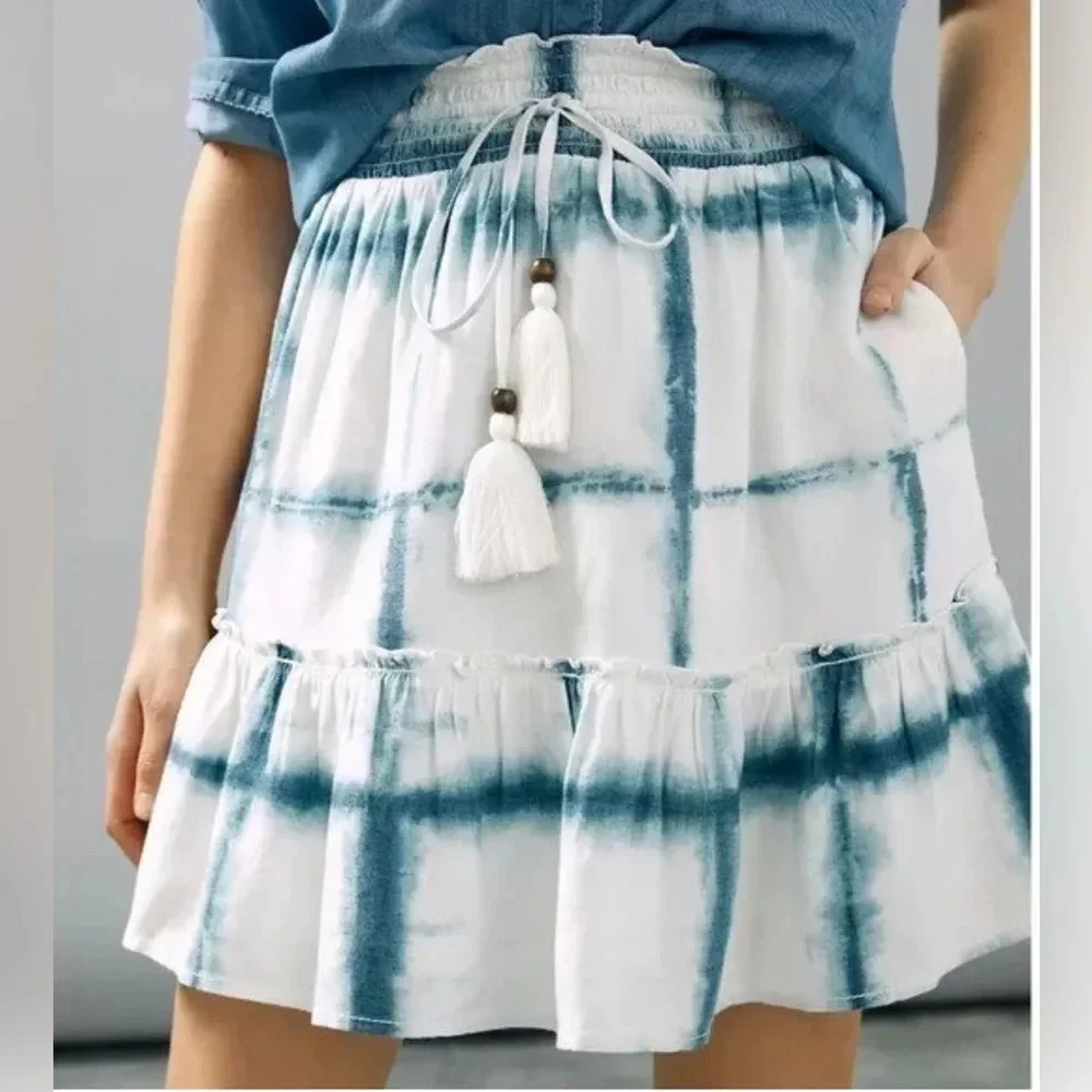 Anthropologie pilcro tiered tie die elastic waist mini skirt with pockets size S